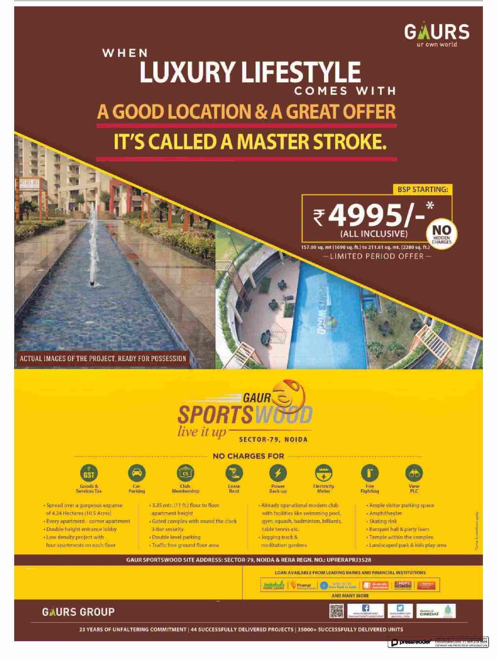 Book home with BSP starting at Rs. 4995 at Gaur Sportswood in Noida